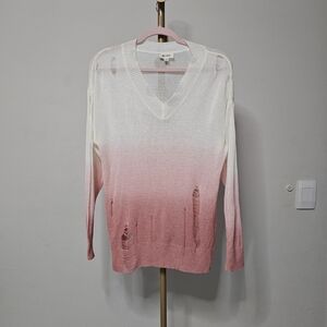 BiBi White to Pink Ombre V-Neck Rose Knit Ruined Detail Lightweight Sweater SZ S